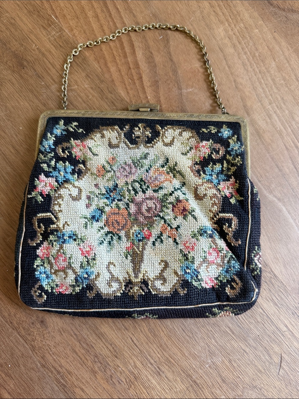 Vintage Needlepoint Floral Evening Clutch in Black and Cream